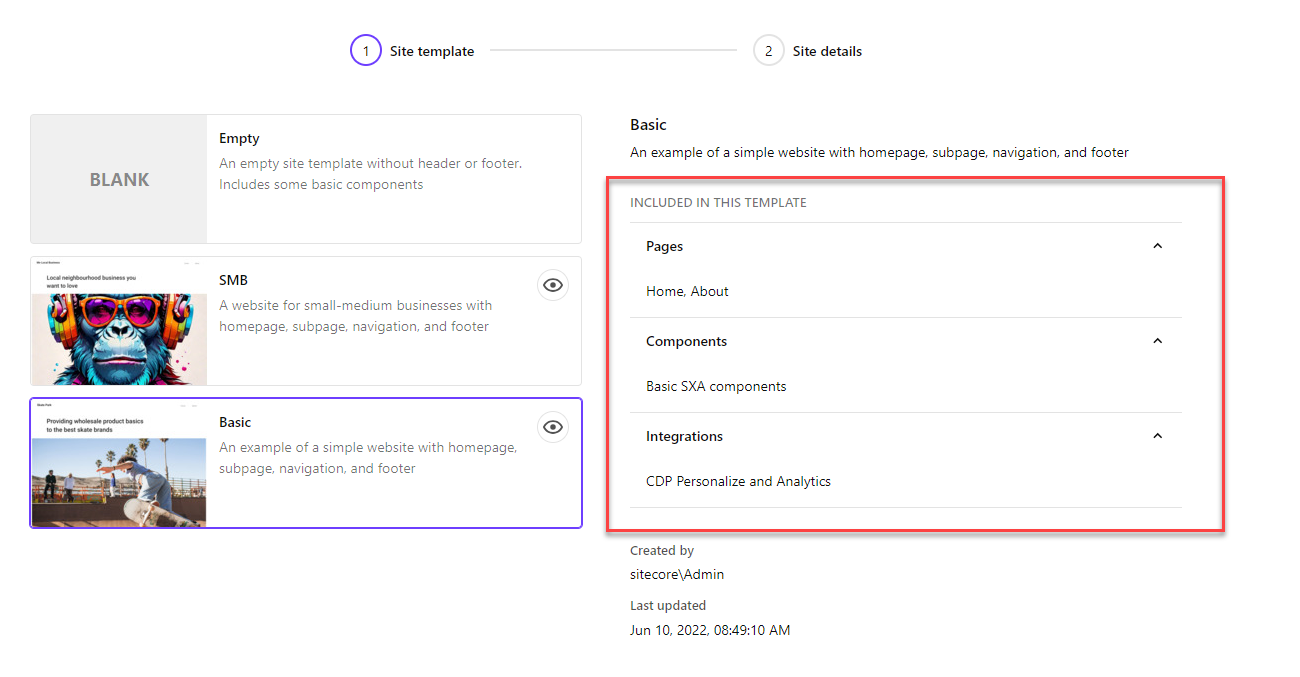 List of elements included in a site template when creating a site based on the template