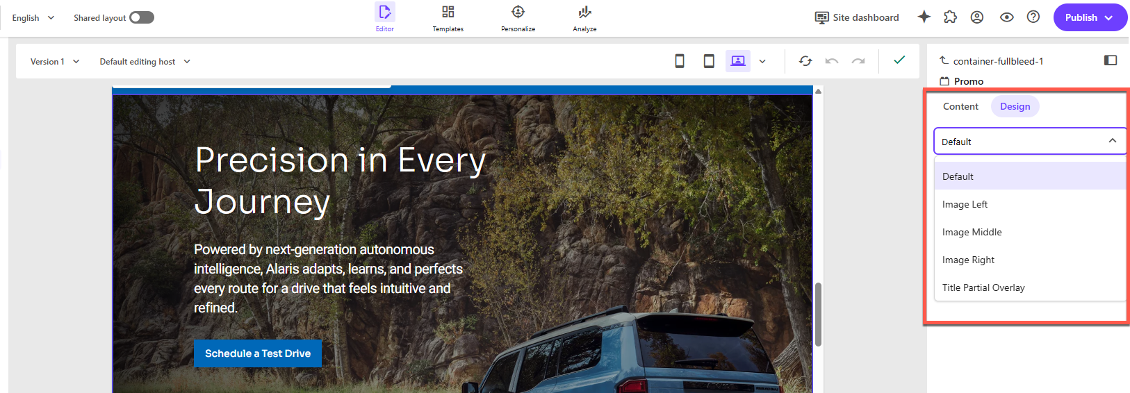 Selecting a component variant in the Page builder