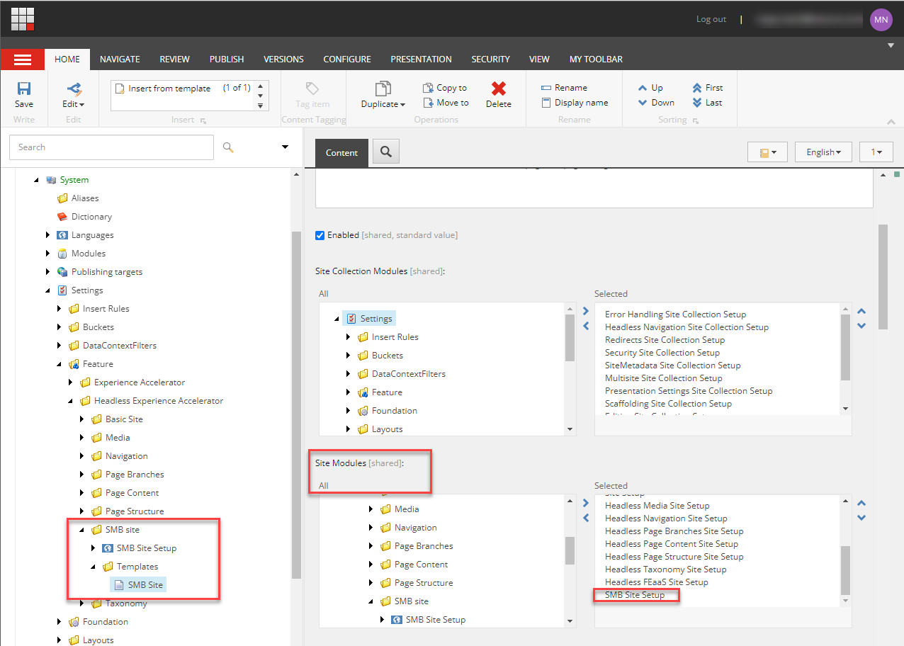 Selecting setup items for the new site template