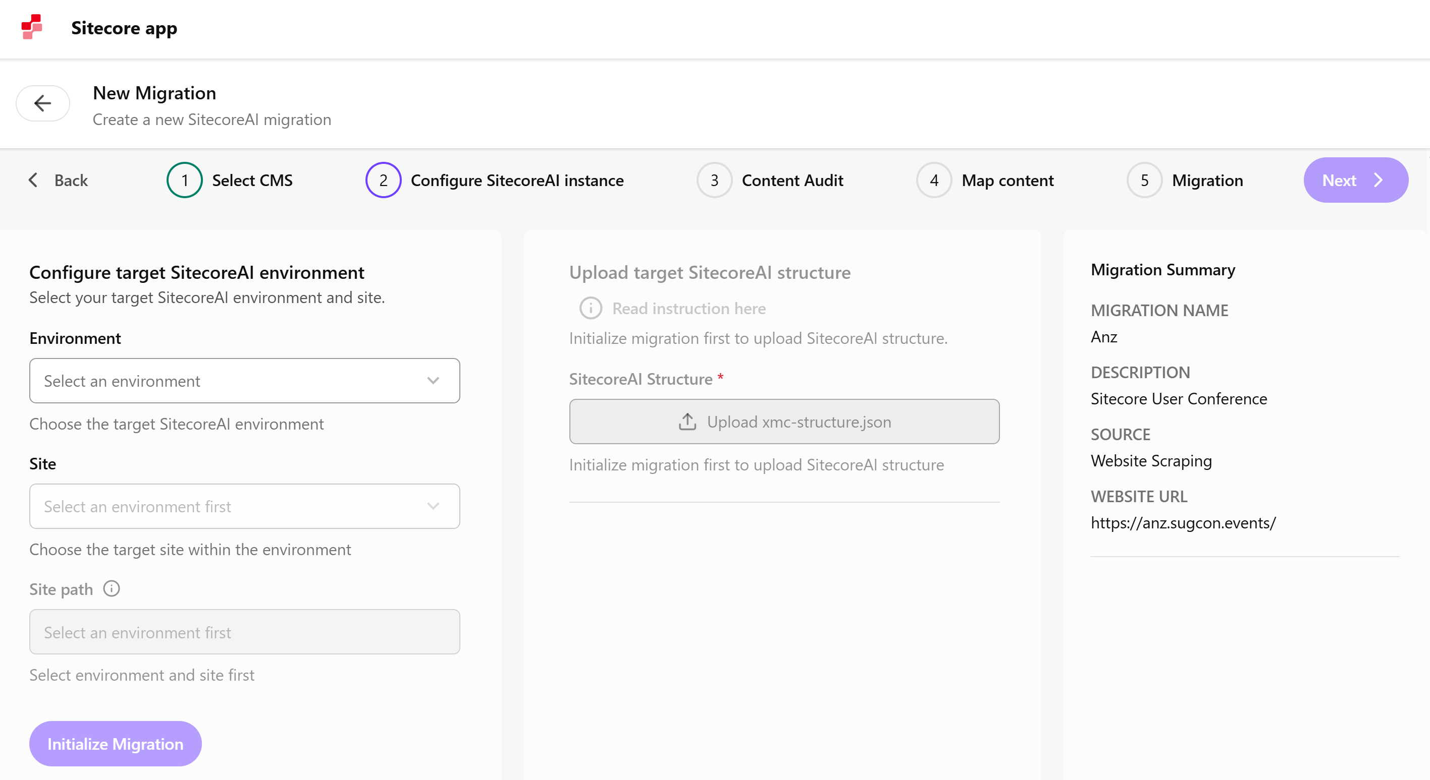 Second step in the SitecoreAI Pathway migration wizard