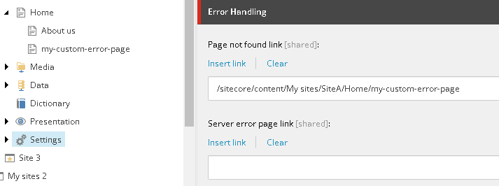 Insert a link to the error page