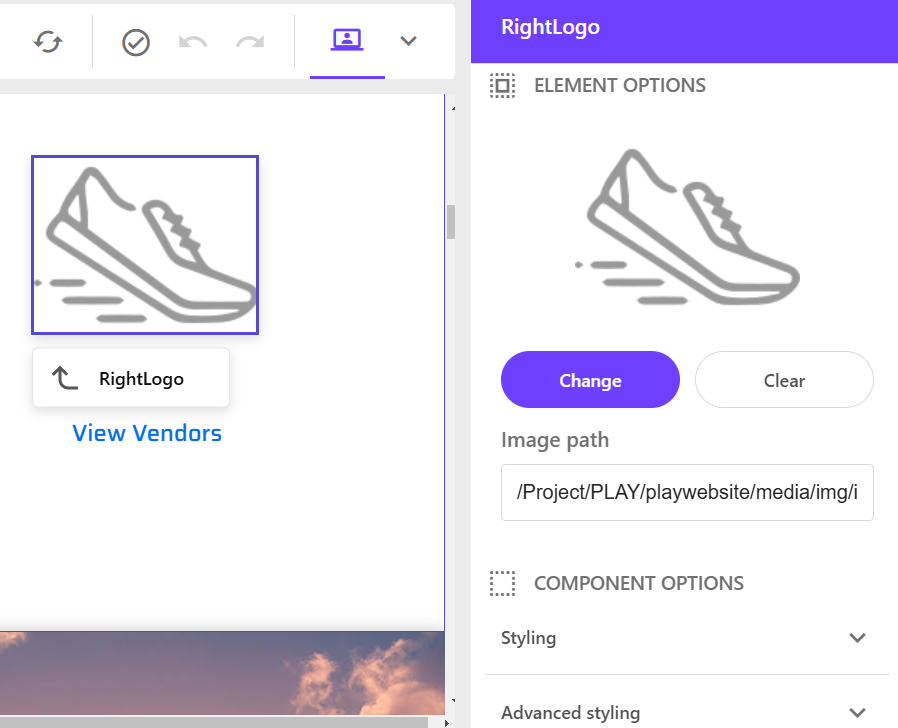 Image Field type showing the right pane with choices to change or clear or define styling properties of an image.