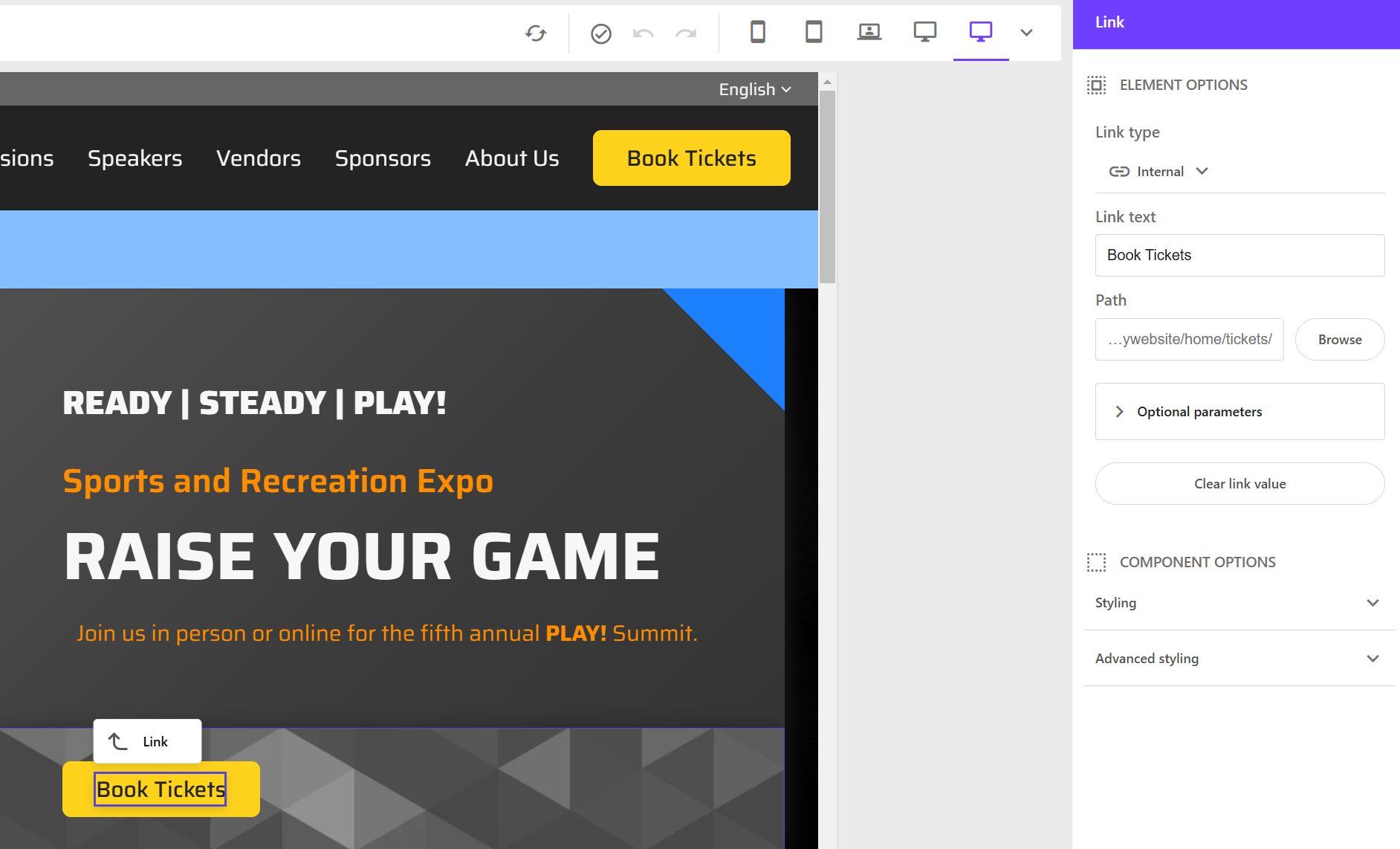 user interface for editing internal and external site links.