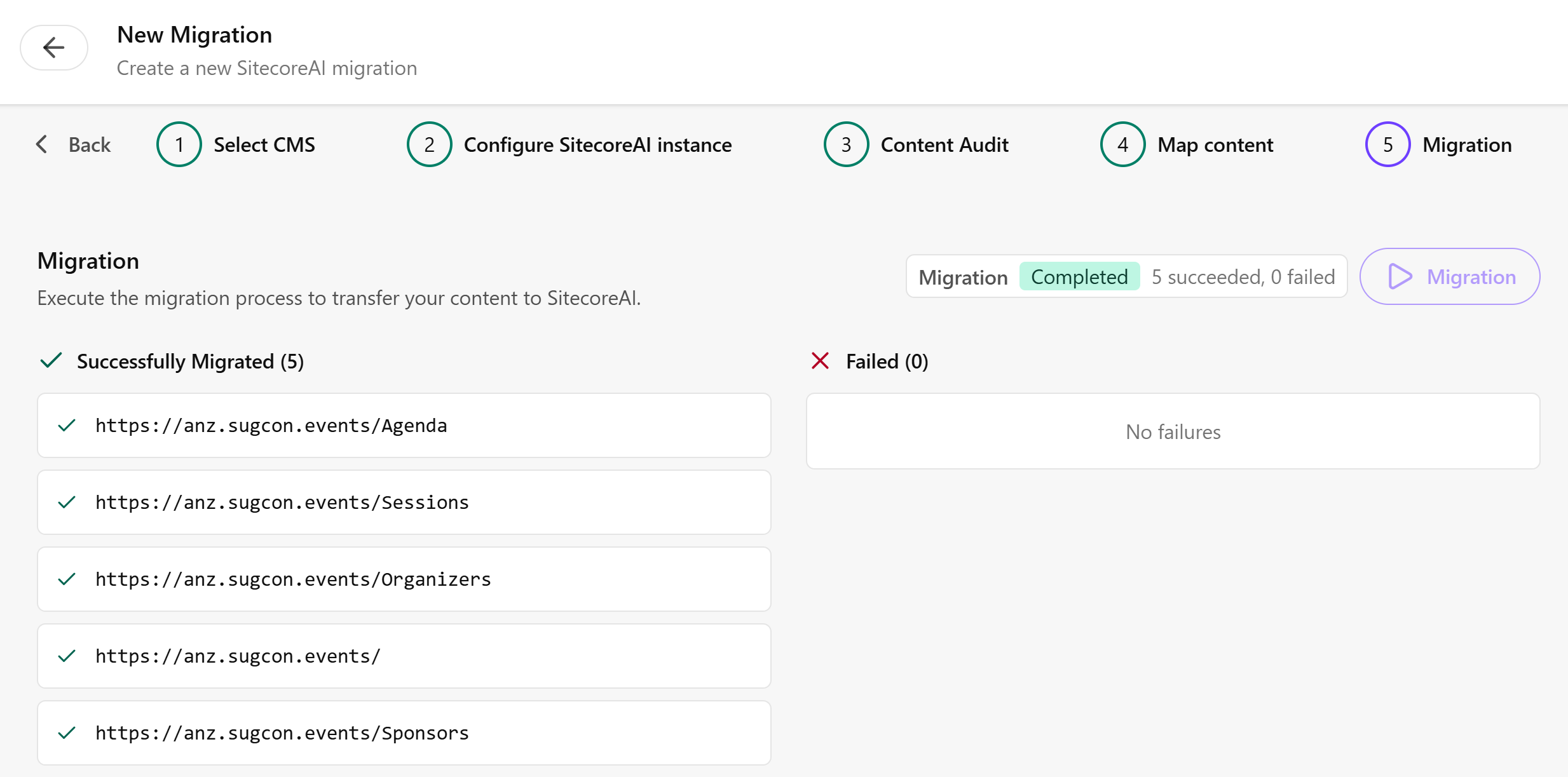 Migration complete page showing success and failure information