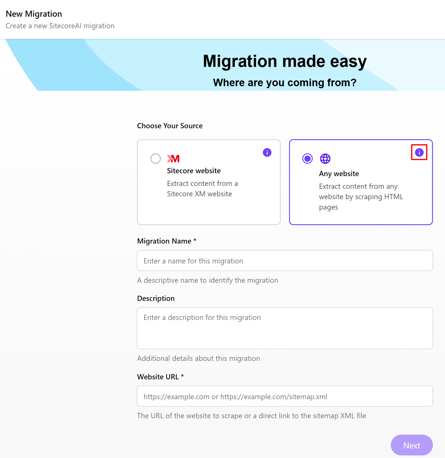 New migration page showing the Website URL field