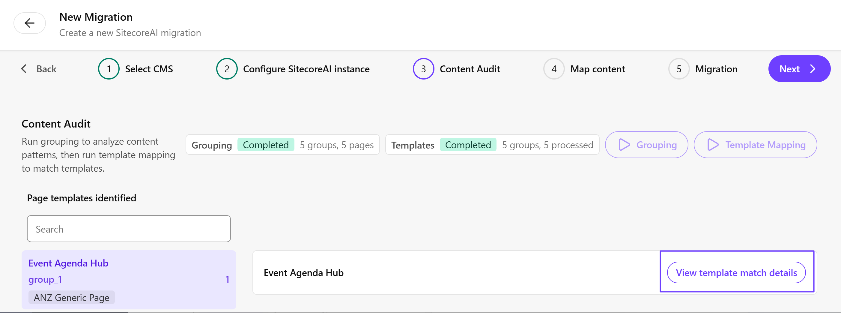 Template match details button, which displays the template name, ID, and details