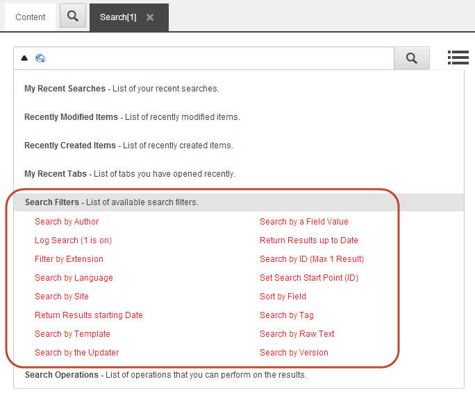 The Search Filters section on the Search tab. The Search Filters section on the Search tab.