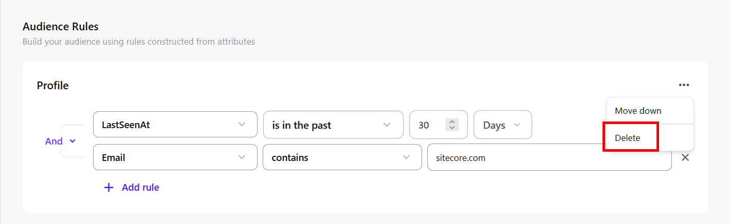 Click the horizontal ellipsis icon in the top-right corner, then click Delete to remove the entire rule group.