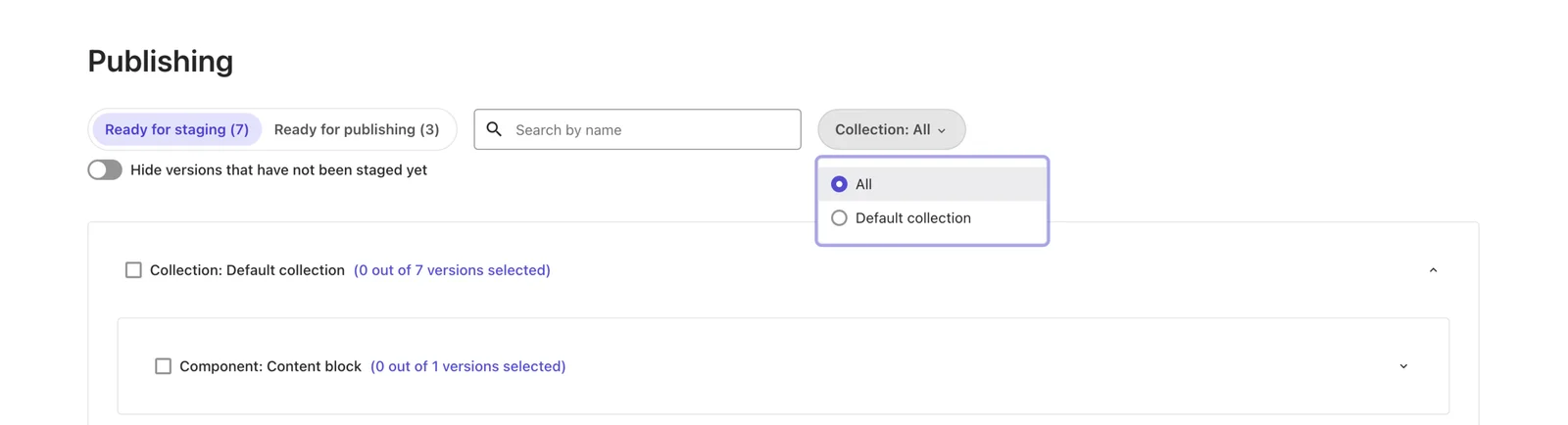 Screenshot of the Publishing tab showing the filtering and search options