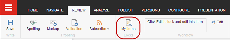 My Items on the Review tab in Content Editor My Items on the Review tab in Content Editor