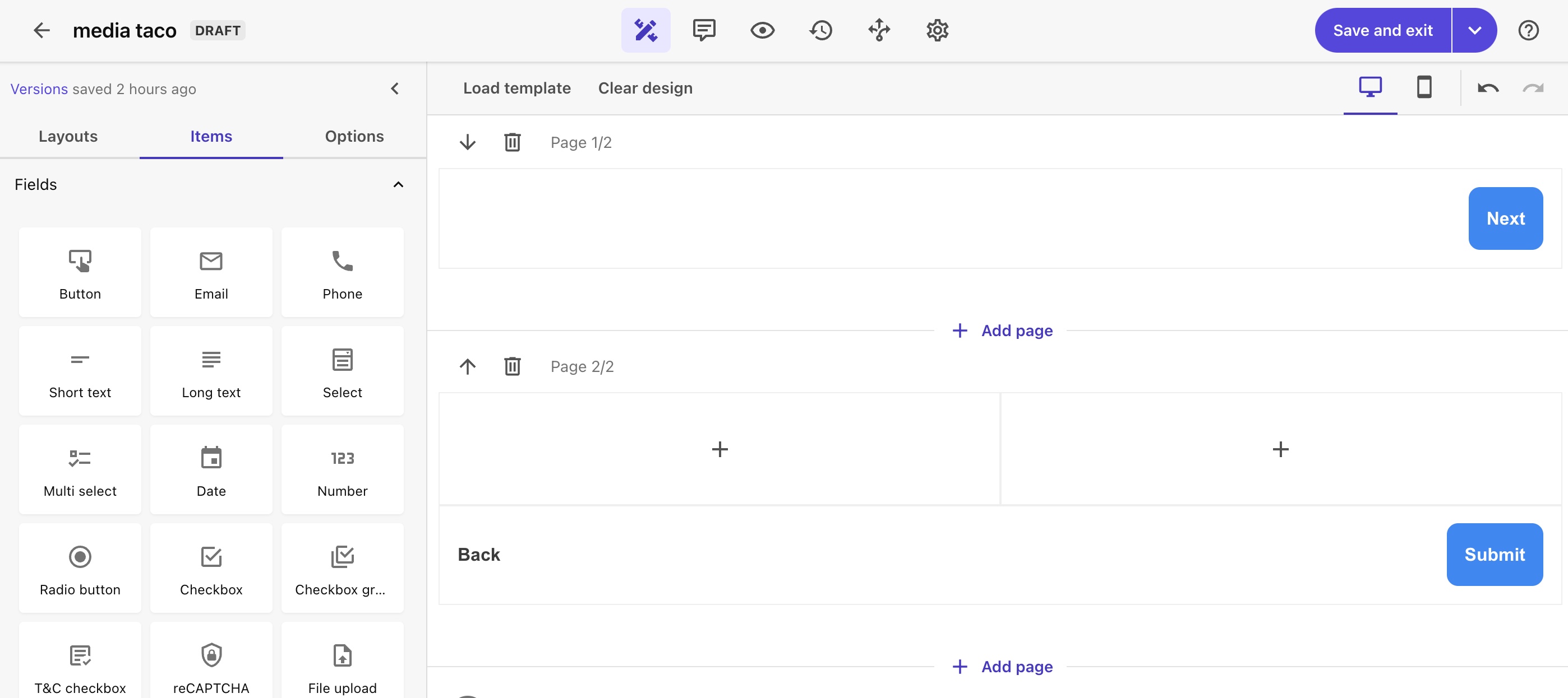 Automatically added Next, Back and Submit buttons.