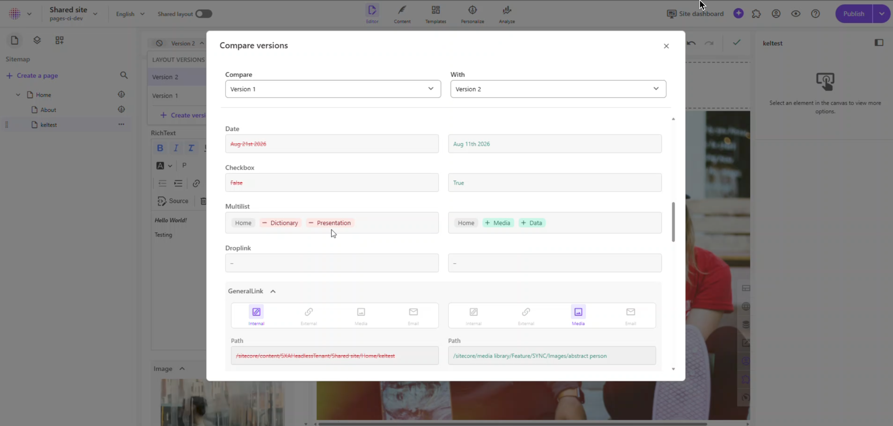 The comparison view displays differences between the selected versions so that you can quickly identify changed content and field values