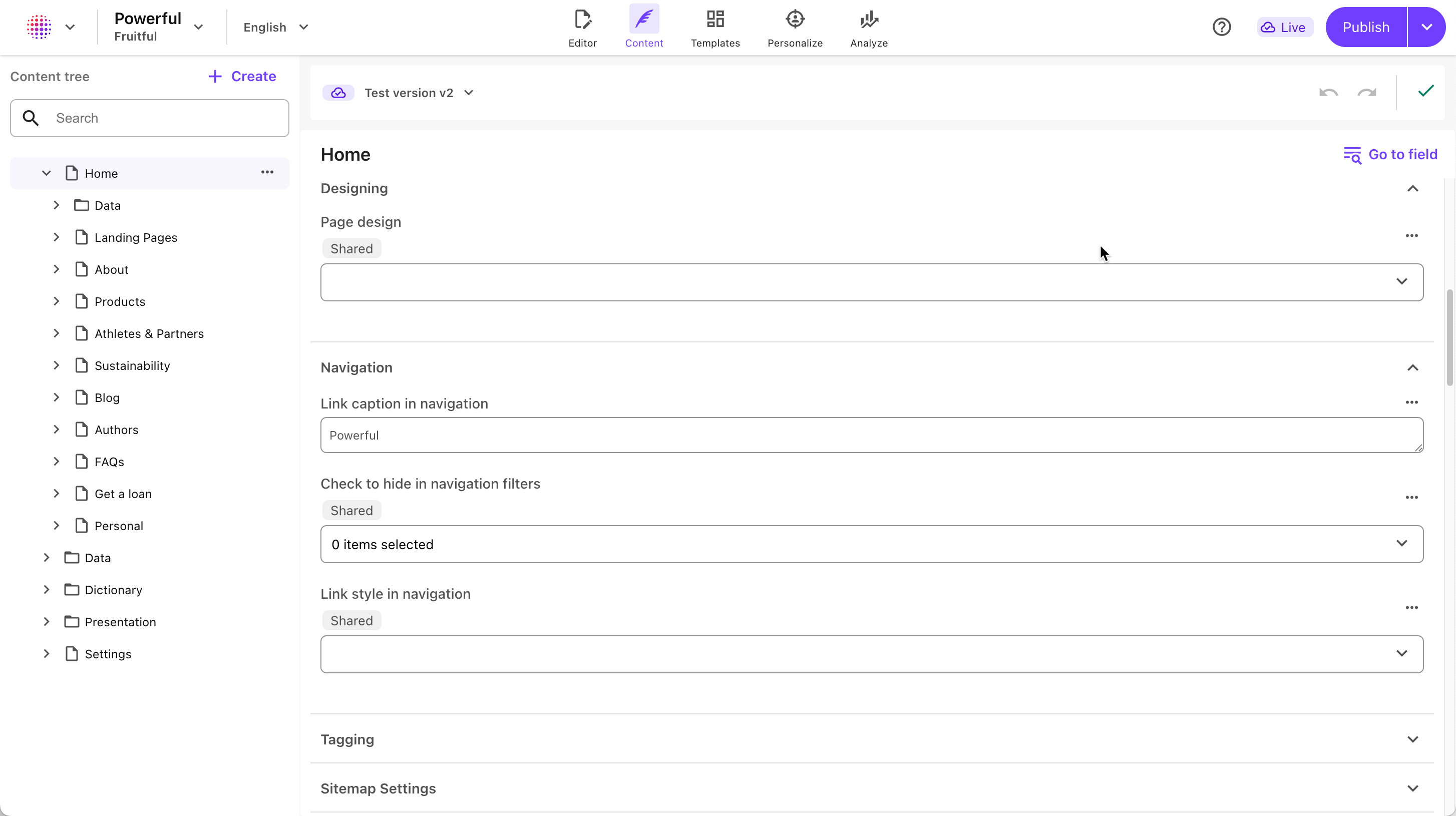 The Home item in Page builder Content mode