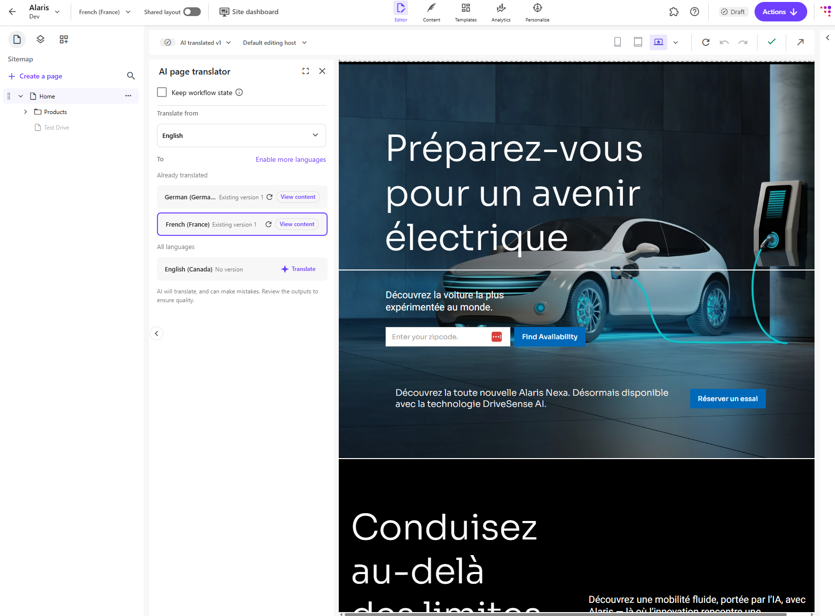 The Page translator in the UI of the Page builder
