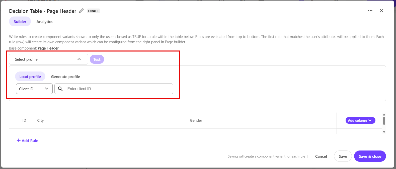 Select a profile to use for testing either by loading a profile or generating it using AI.