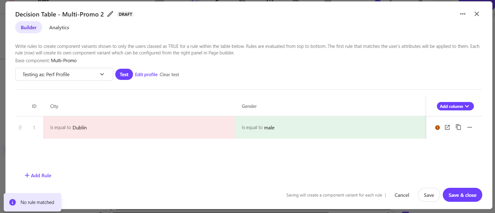 The test results would indicate whether the profile matched a rule or no rules matched.