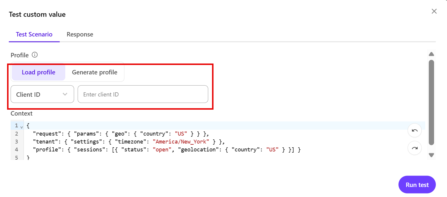 In the test dialog, choose a profile to use by loading a profile or generating it using AI.