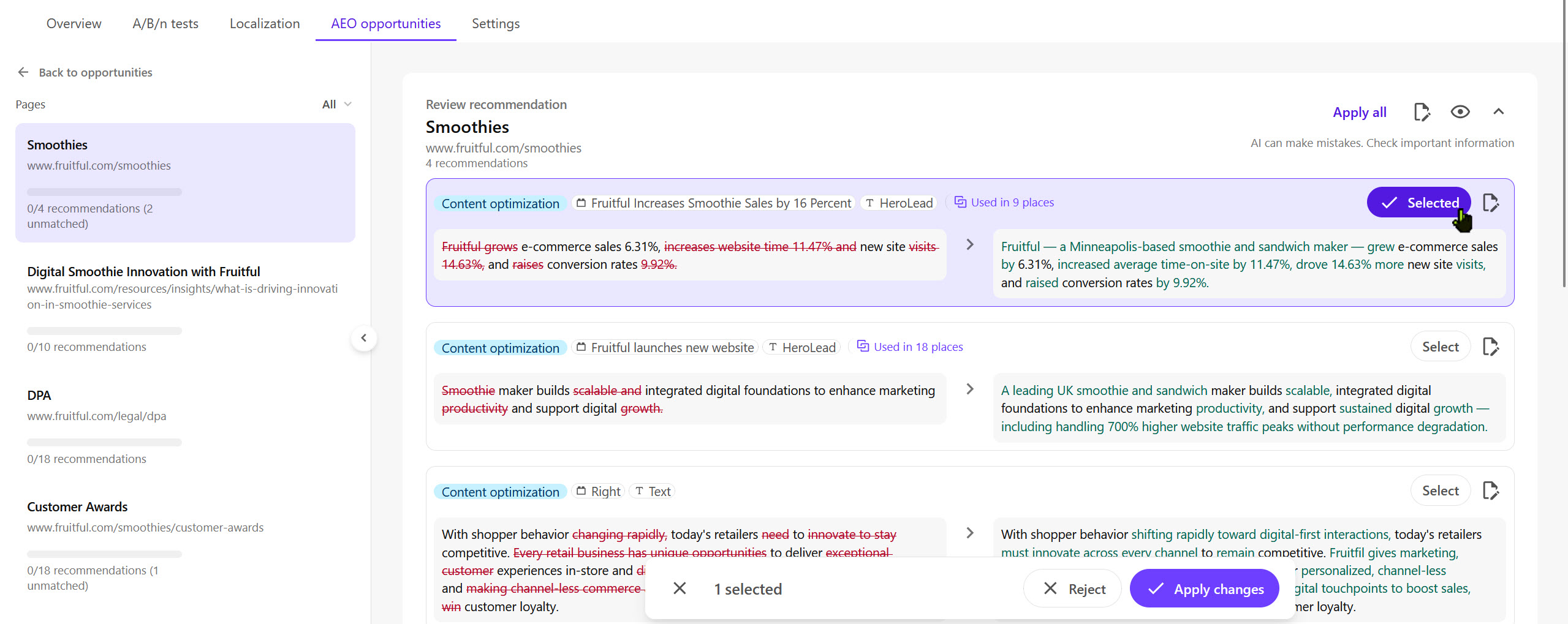 The content update review page showing original and suggested content side by side.