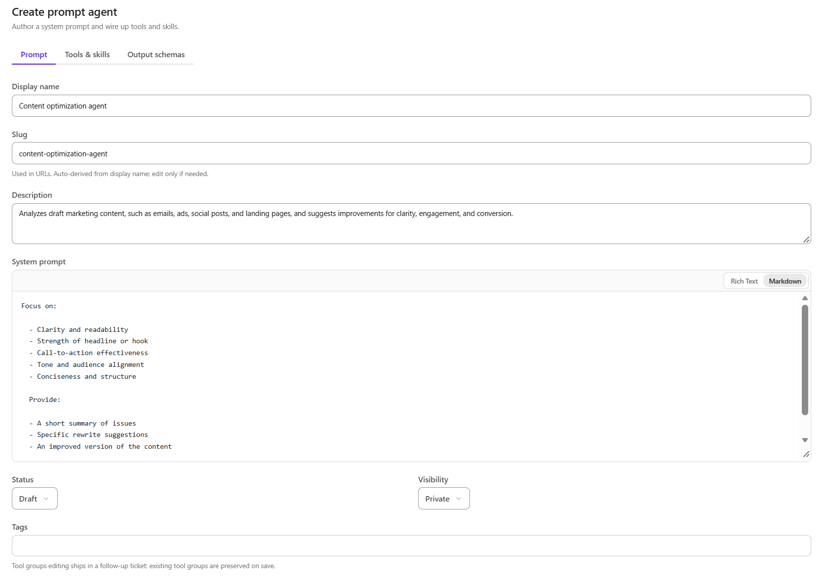 Screenshot of the page to create a prompt agent