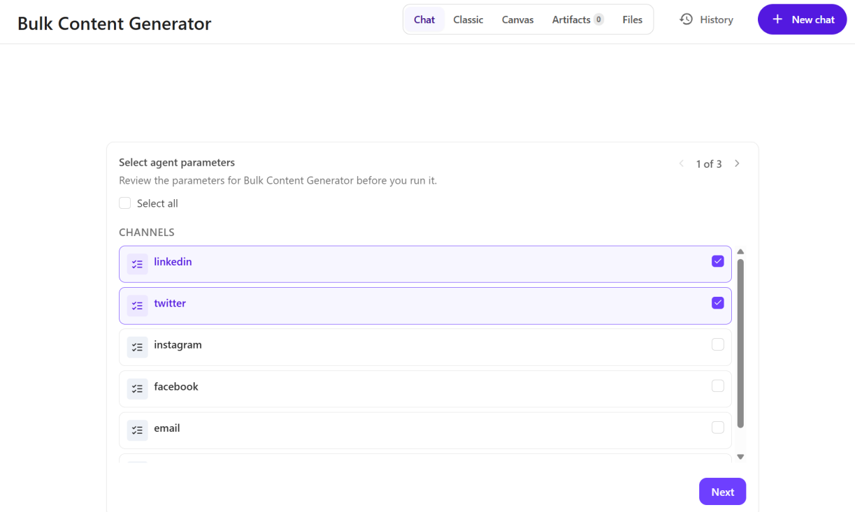 Example of a chat with agent parameter prompts