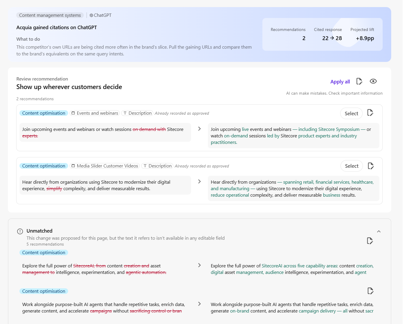 The content update review page showing original and suggested content side by side. The content update review page showing original and suggested content side by side.