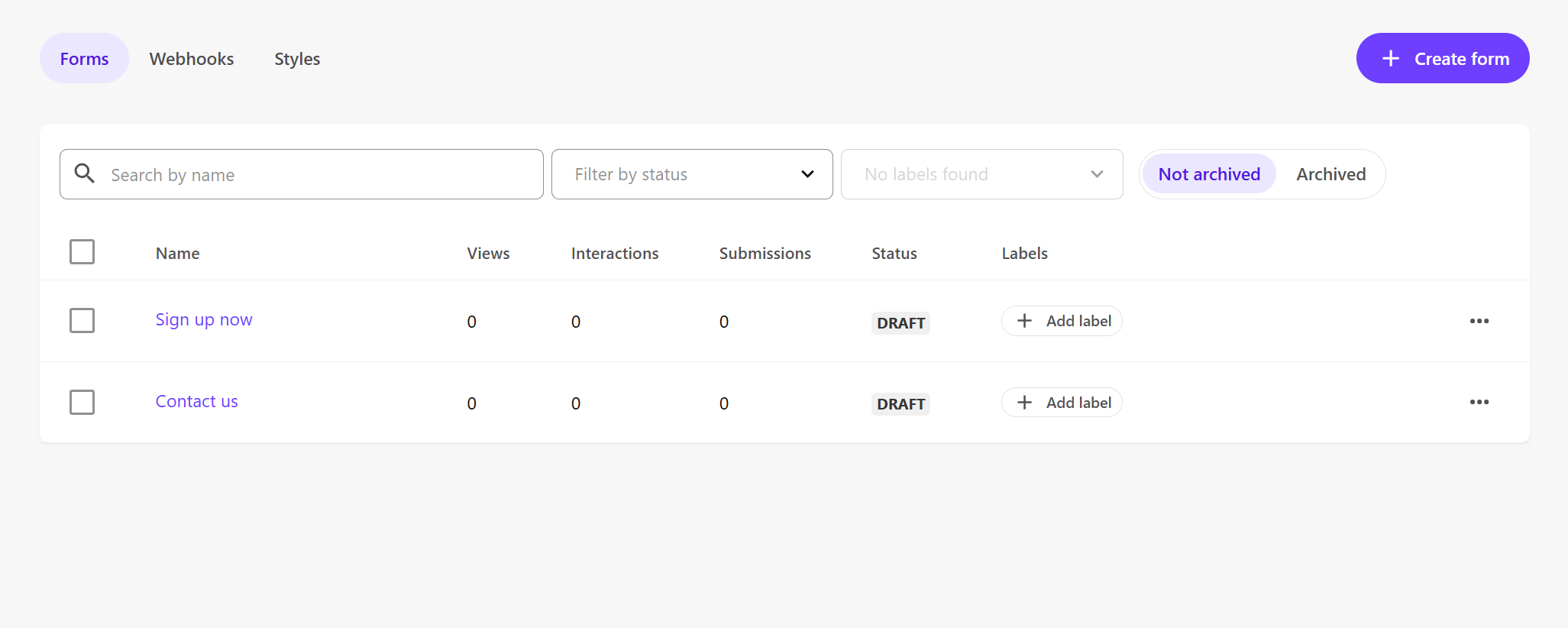 The Forms dashboard The Forms dashboard