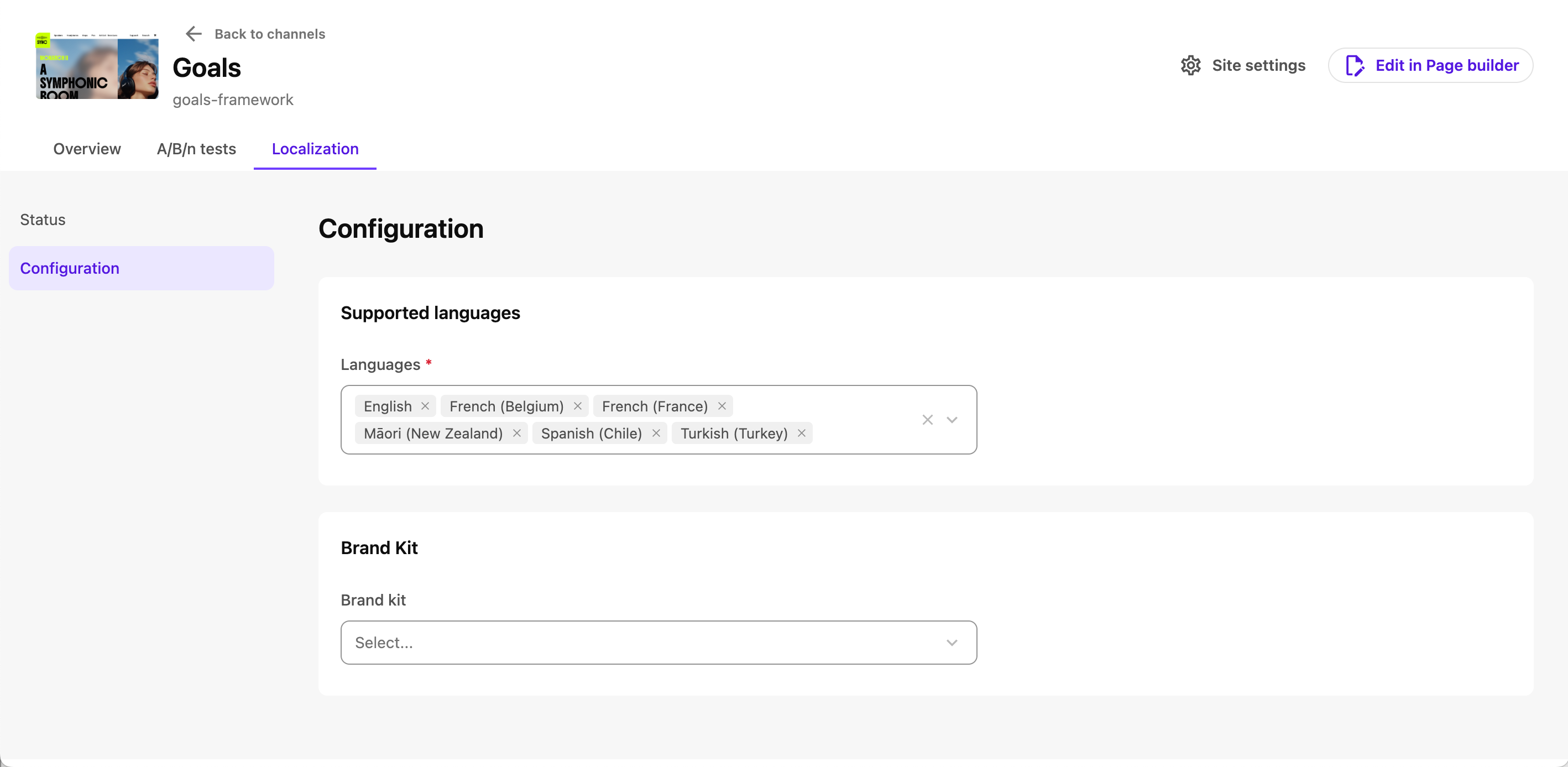 The Localization > Configuration tab in the site dashboard. The Localization > Configuration tab in the site dashboard.