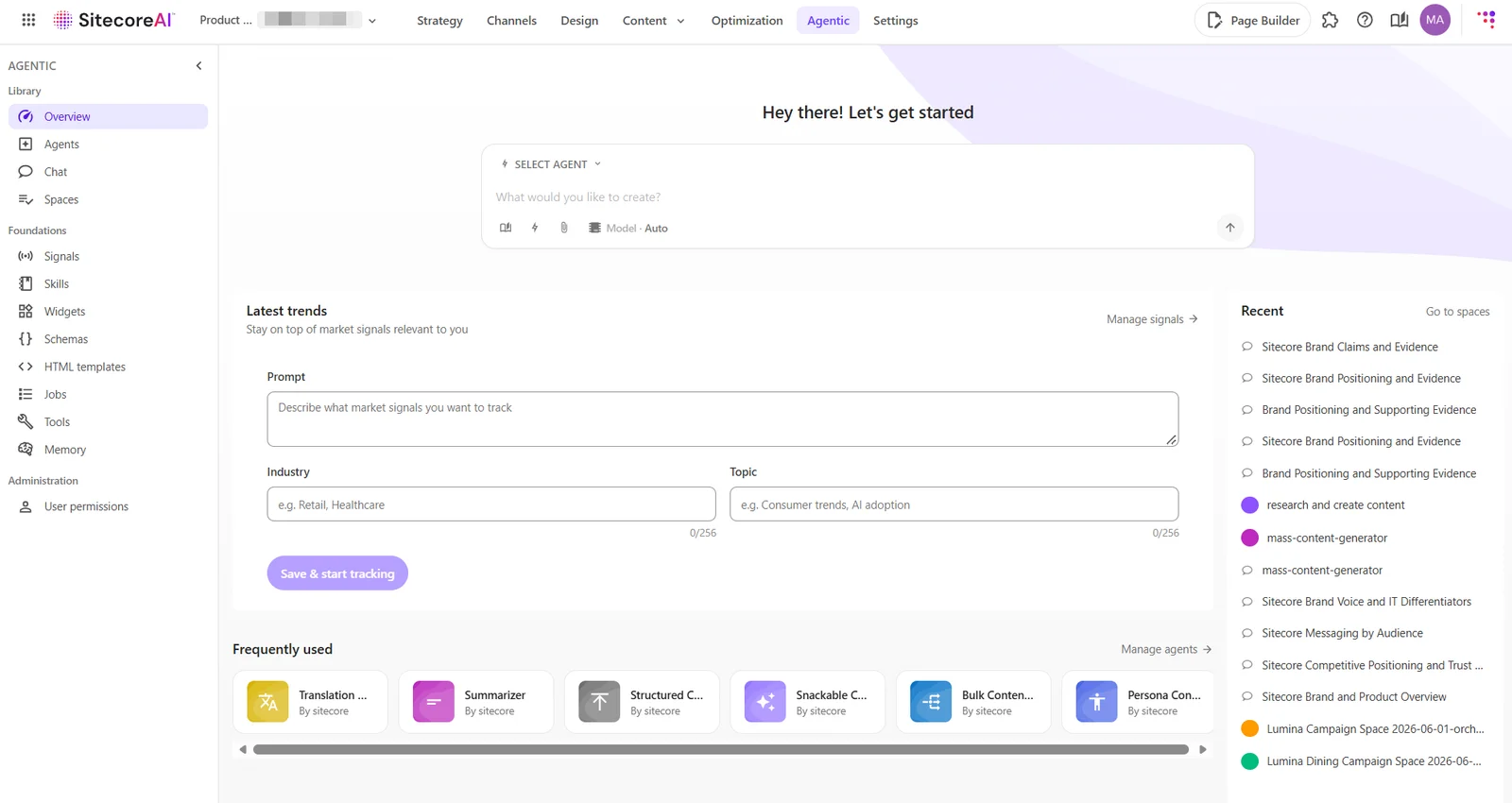 Overview page showing how to access elements of Agentic Studio
