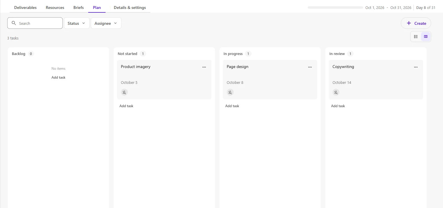 The Plan tab lists all campaign tasks.