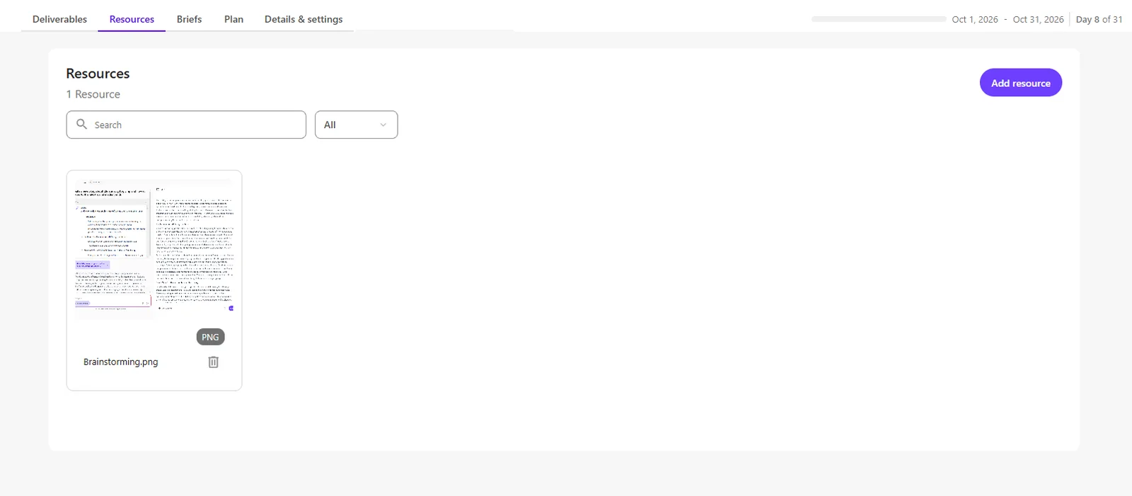 The Resources tab displays all files and documents associated with the project.