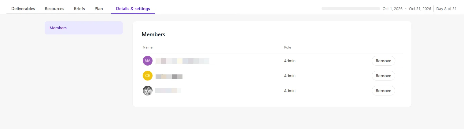 The Settings tab enables Admins to manage campaign membership.