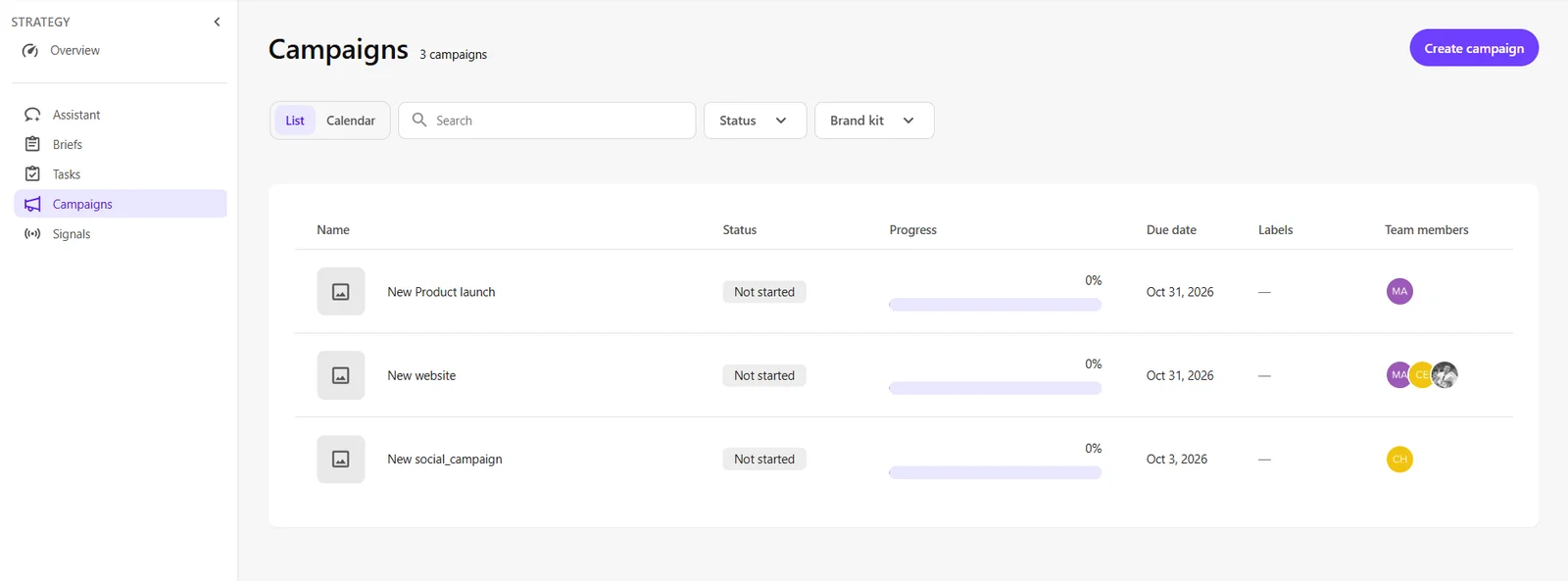 The Campaigns page displays all campaigns within your organization.