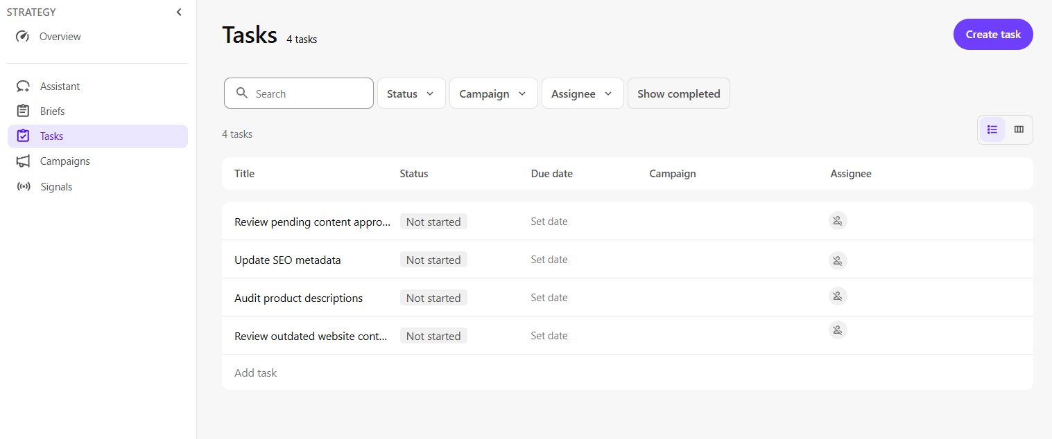 The Tasks page displays all tasks within your organization. The Tasks page displays all tasks within your organization.