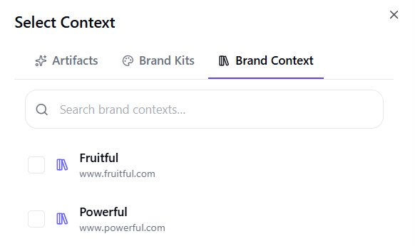 Click Context and select the brand context that you want the chat to to use. Click Context and select the brand context that you want the chat to to use.
