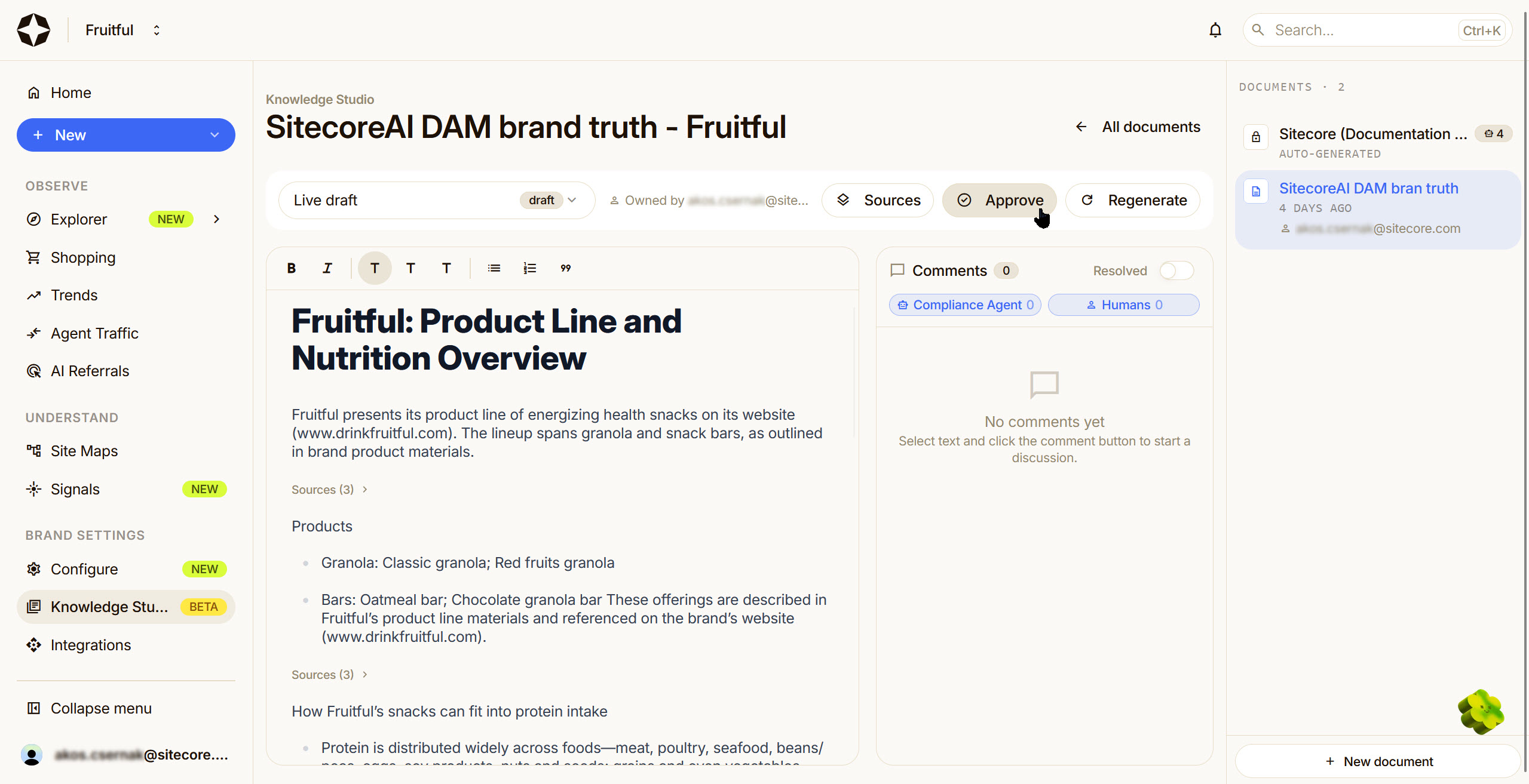 A knowledge document in Scrunch Knowledge Studio, showing the document content, Sources, Approve, and Regenerate buttons, and the Comments panel.
