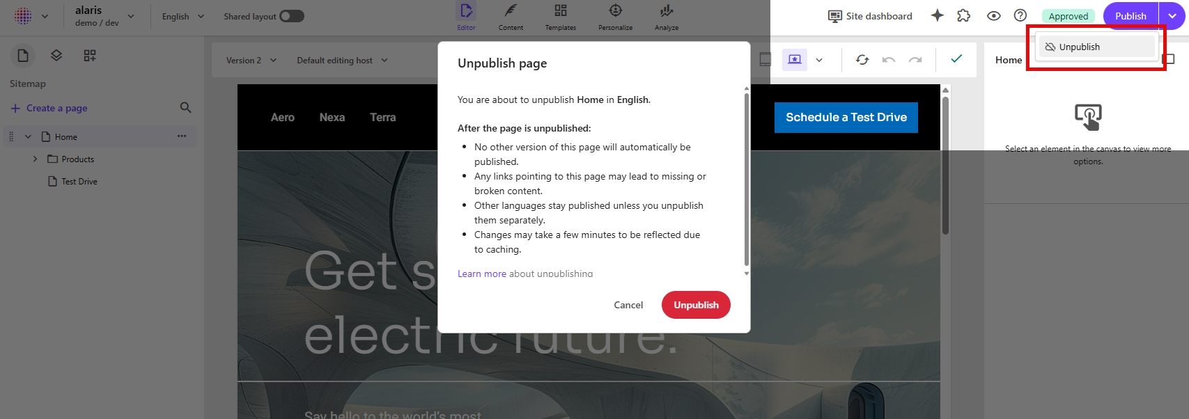 Unpublishing a page in Page builder