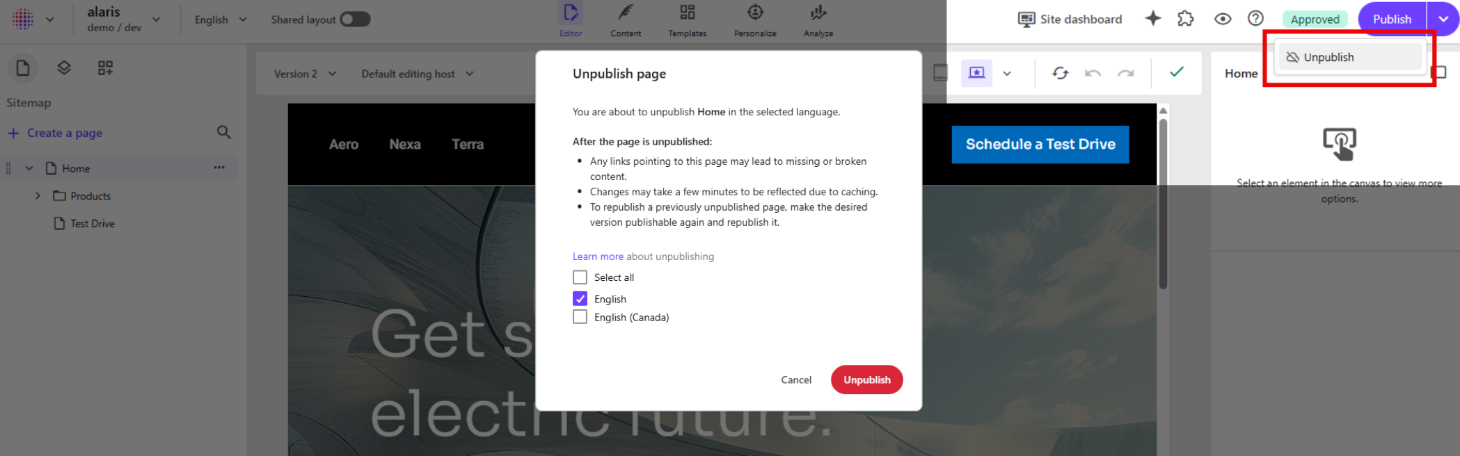 Unpublishing a page in Page builder