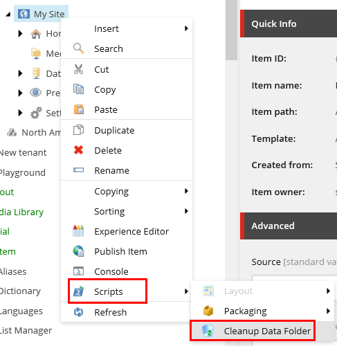 How the cleanup data sources script can be accessed through the Content Editor menu How the cleanup data sources script can be accessed through the Content Editor menu