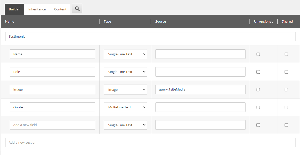 Fields for a component template in the Content Editor