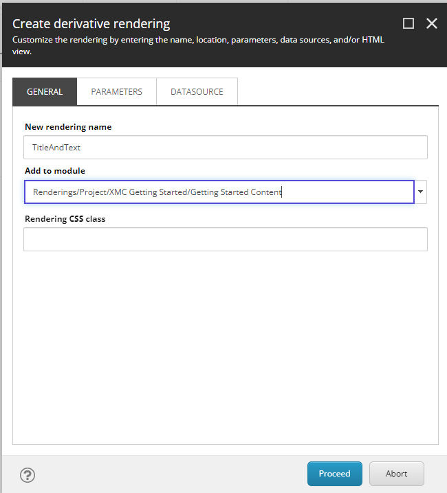 The Create derivative rendering window used when cloning the Rich Text rendering in the Content Editor
