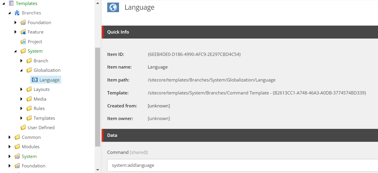 Content tab for the Language template item. Content tab for the Language template item.