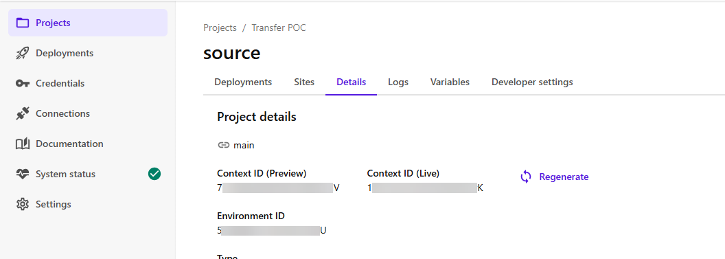 Context ID environment variables in the Details tab for an environment. Context ID environment variables in the Details tab for an environment.