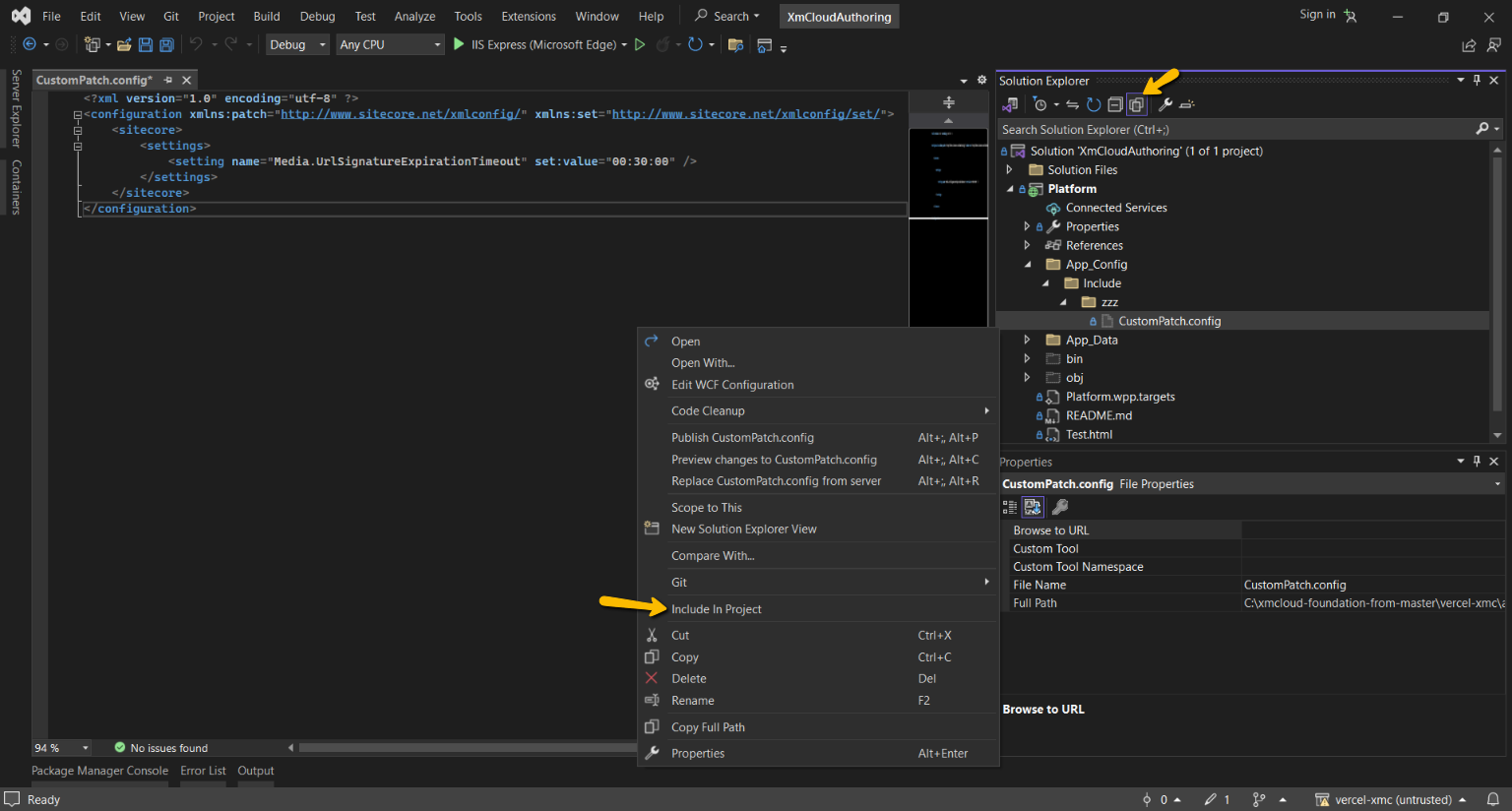 Including a configuration file in an XM Cloud project using Visual Studio Code. Including a configuration file in an XM Cloud project using Visual Studio Code.