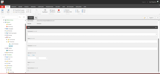 A Scheduled item with Command, Schedule, Items, Async, Auto remove, and Last run fields.