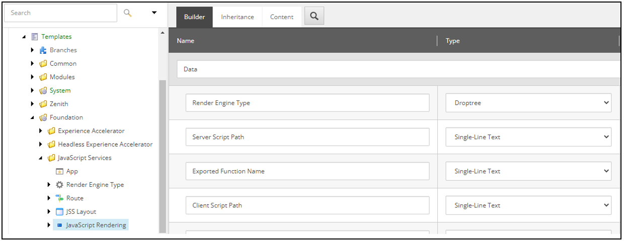 Builder, Inheritance, and Content tabs in the Template Builder