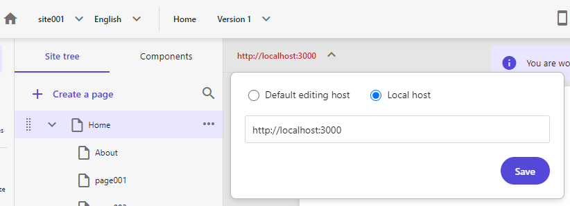 The editing host selector in the Page builder The editing host selector in the Page builder