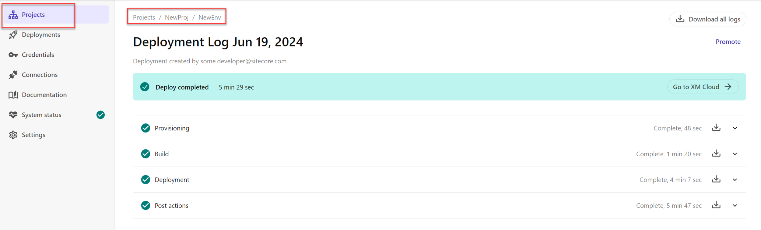 The deployment log in the Deploy app
