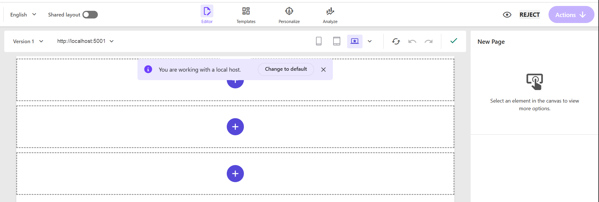 Page builder connected to your local host to get started with ASP.NET