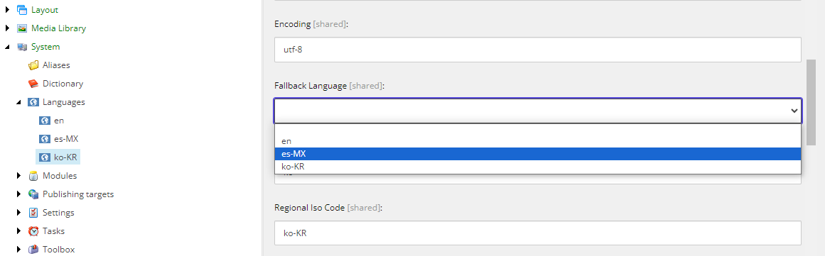 In the Content Editor, define the fallback language on the language item