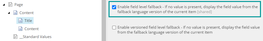 In the Content Editor, enable language fallback on a field template
